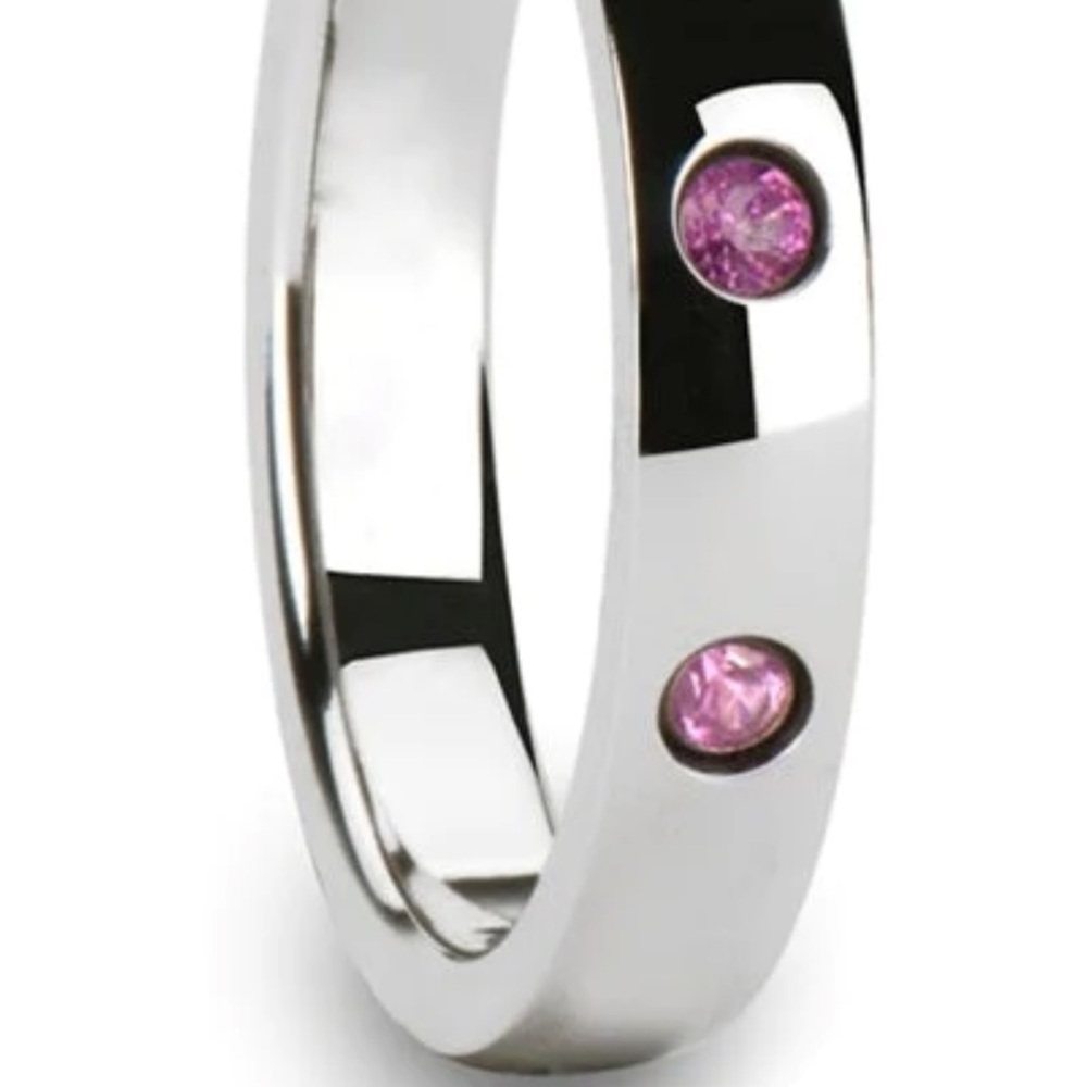 Tungsten 3 stone pink sapphire engagement or promise type ring. Solid. Size 6.